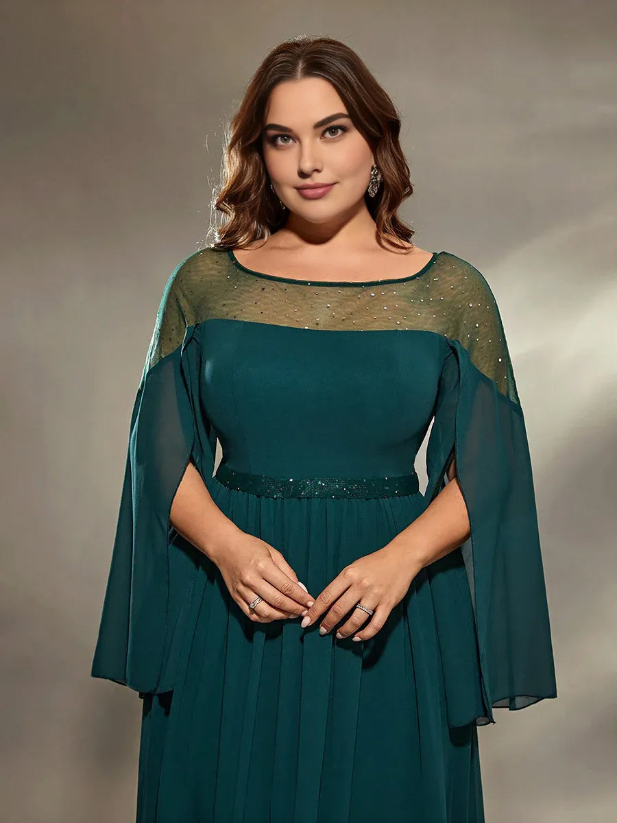 A-Line Round Neck Split Sleeve Keyhole Floor-Length Plus Size Prom Dress