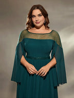 A-Line Round Neck Split Sleeve Keyhole Floor-Length Plus Size Prom Dress