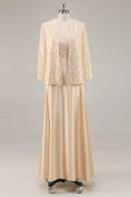 A-Line Scoop Neck Long Sleeve Zipper Up Floor-Length Mother of the Bride Dress