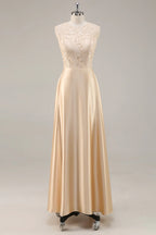 A-Line Scoop Neck Long Sleeve Zipper Up Floor-Length Mother of the Bride Dress