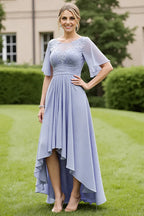 A-Line Scoop Neck Short Sleeve Zipper Up High-Low Hem Mother of the Bride Dress
