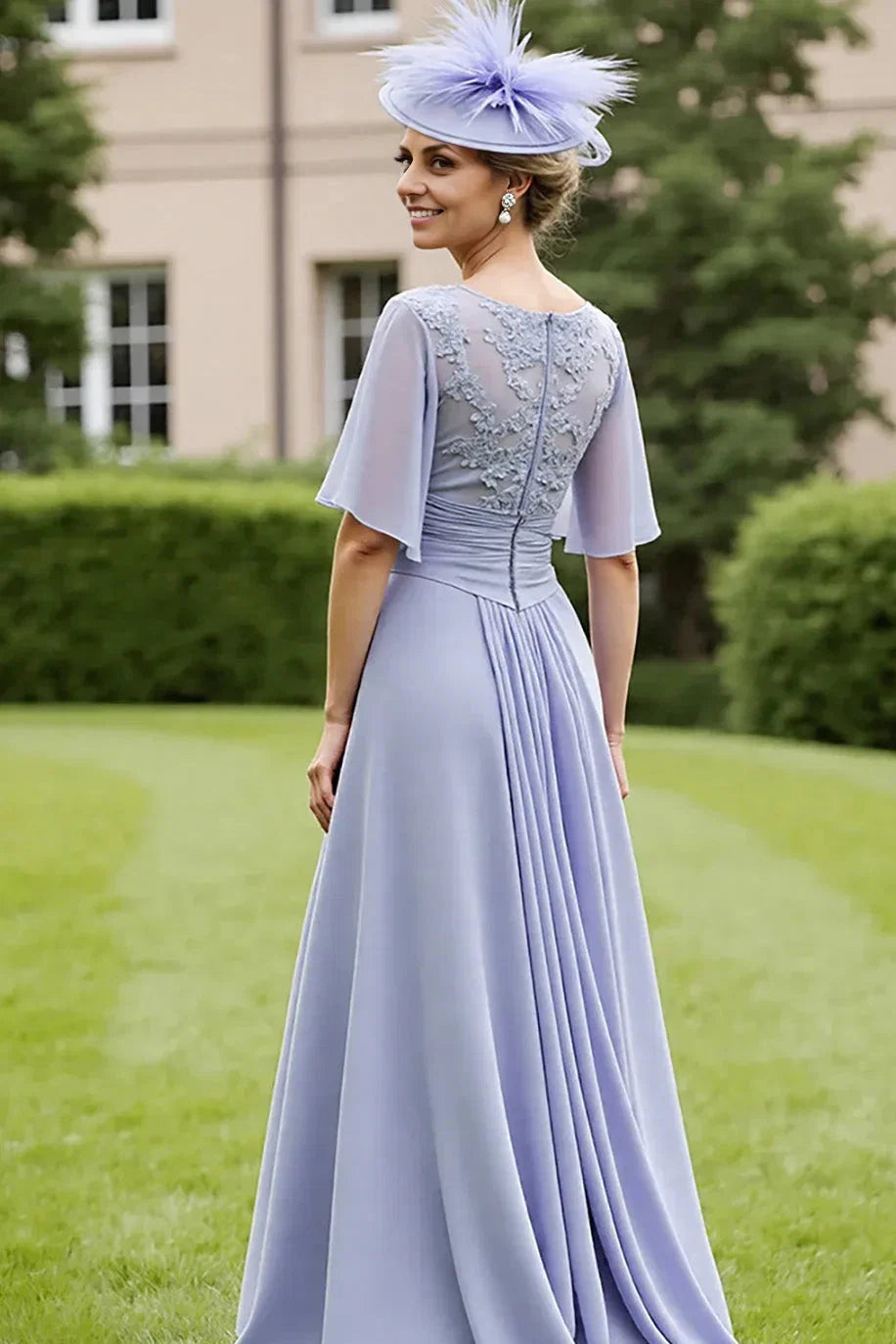 A-Line Scoop Neck Short Sleeve Zipper Up High-Low Hem Mother of the Bride Dress