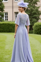 A-Line Scoop Neck Short Sleeve Zipper Up High-Low Hem Mother of the Bride Dress
