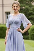 A-Line Scoop Neck Short Sleeve Zipper Up High-Low Hem Mother of the Bride Dress