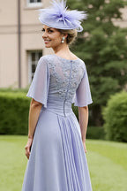 A-Line Scoop Neck Short Sleeve Zipper Up High-Low Hem Mother of the Bride Dress