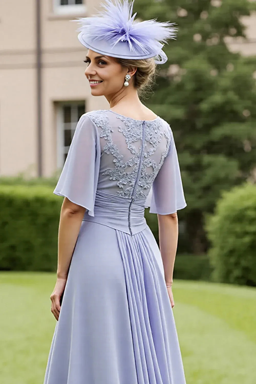 A-Line Scoop Neck Short Sleeve Zipper Up High-Low Hem Mother of the Bride Dress