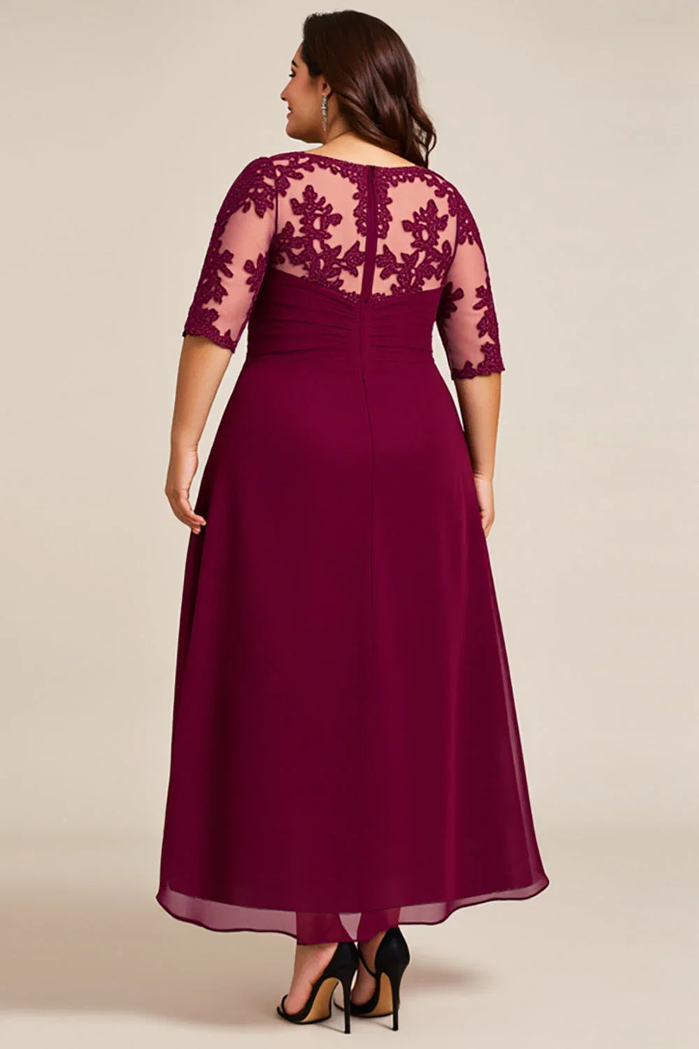 A-Line Scoop Neck Short Sleeves Sheer Back Ankle-Length Plus Size Mother of the Bride Dress