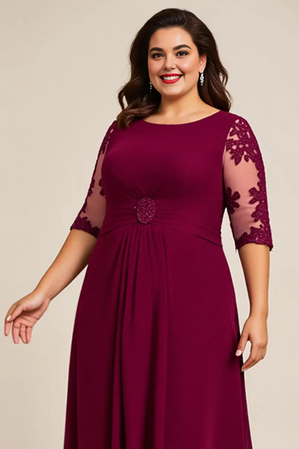 A-Line Scoop Neck Short Sleeves Sheer Back Ankle-Length Plus Size Mother of the Bride Dress
