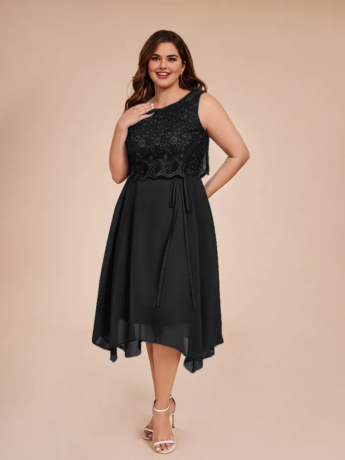 A-Line Scoop Neck Sleeveless Tea Length Plus Size Mother of the Bride Dress