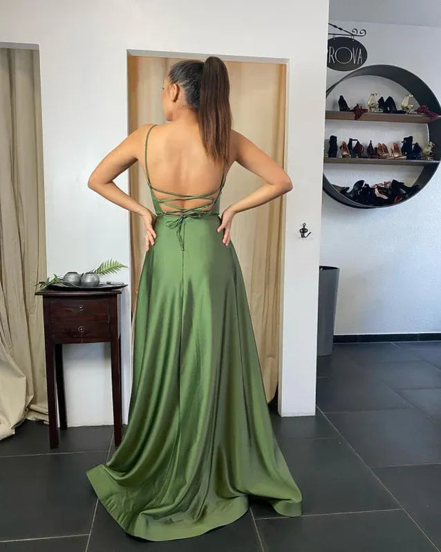 Prom Dress Satin Olive Green A Line Elegant Pockets Scoop Neck Side Slit Lace Up Back Detail