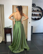 Prom Dress Satin Olive Green A Line Elegant Pockets Scoop Neck Side Slit Lace Up Back Detail