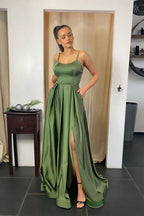 Prom Dress Satin Olive Green A Line Elegant Pockets Scoop Neck Side Slit Lace Up Back Detail
