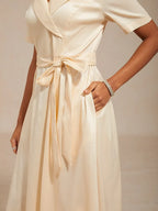 Elegant A-Line Shawl Collar Short Sleeve Satin Champagne Midi Prom Dress For Women Hot Sale