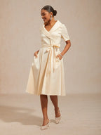 Elegant A-Line Shawl Collar Short Sleeve Satin Champagne Midi Prom Dress For Women Hot Sale