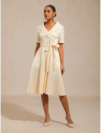 Elegant A-Line Shawl Collar Short Sleeve Satin Champagne Midi Prom Dress For Women Hot Sale