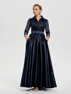 A-Line Shirt Collared 3/4 Sleeves Floor-Length Mother of the Bride Dress