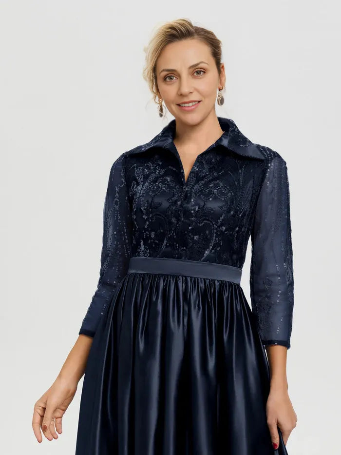 A-Line Shirt Collared 3/4 Sleeves Floor-Length Mother of the Bride Dress