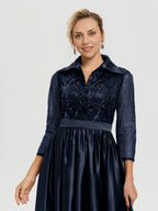 A-Line Shirt Collared 3/4 Sleeves Floor-Length Mother of the Bride Dress