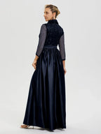 A-Line Shirt Collared 3/4 Sleeves Floor-Length Mother of the Bride Dress