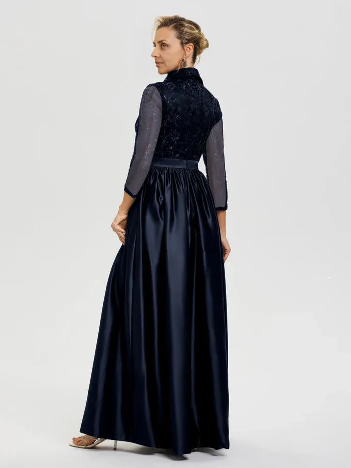 A-Line Shirt Collared 3/4 Sleeves Floor-Length Mother of the Bride Dress
