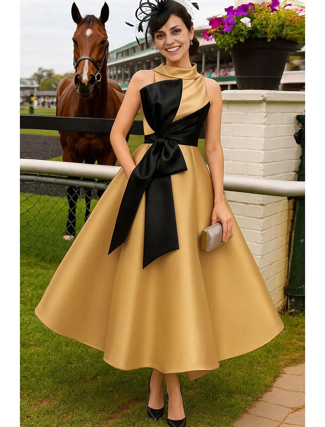 A-Line Sleeveless High Neck Bow(s) Ankle-Length Mother of the Bride Dress