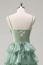 Elegant A-Line Spaghetti Strap Tiered Ruffle Dusty Sage Maxi Prom Dress With Slit