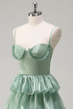Elegant A-Line Spaghetti Strap Tiered Ruffle Dusty Sage Maxi Prom Dress With Slit