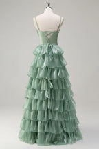 Elegant A-Line Spaghetti Strap Tiered Ruffle Dusty Sage Maxi Prom Dress With Slit