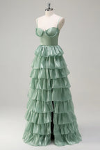 Elegant A-Line Spaghetti Strap Tiered Ruffle Dusty Sage Maxi Prom Dress With Slit