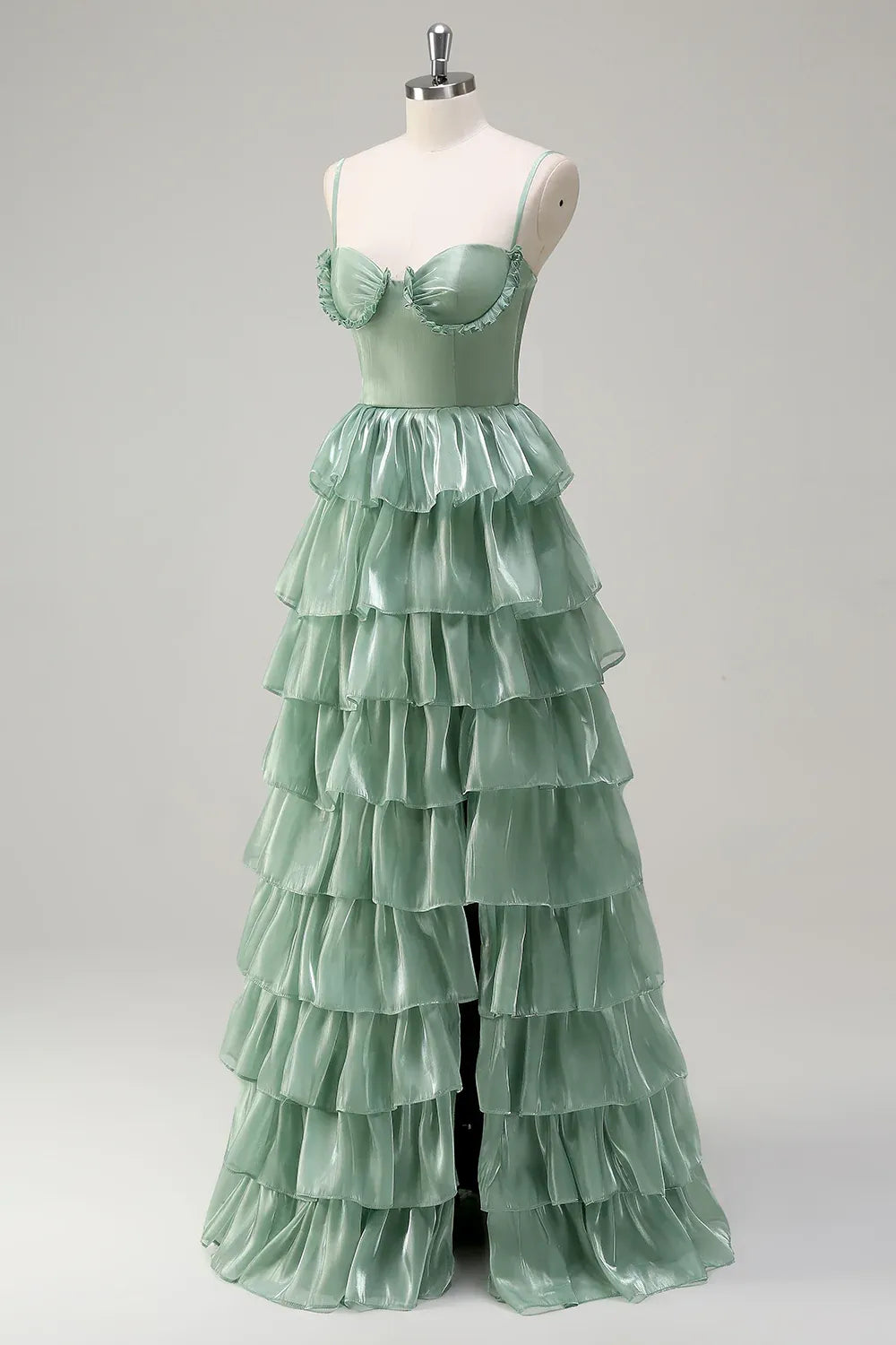 Elegant A-Line Spaghetti Strap Tiered Ruffle Dusty Sage Maxi Prom Dress With Slit
