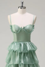 Elegant A-Line Spaghetti Strap Tiered Ruffle Dusty Sage Maxi Prom Dress With Slit