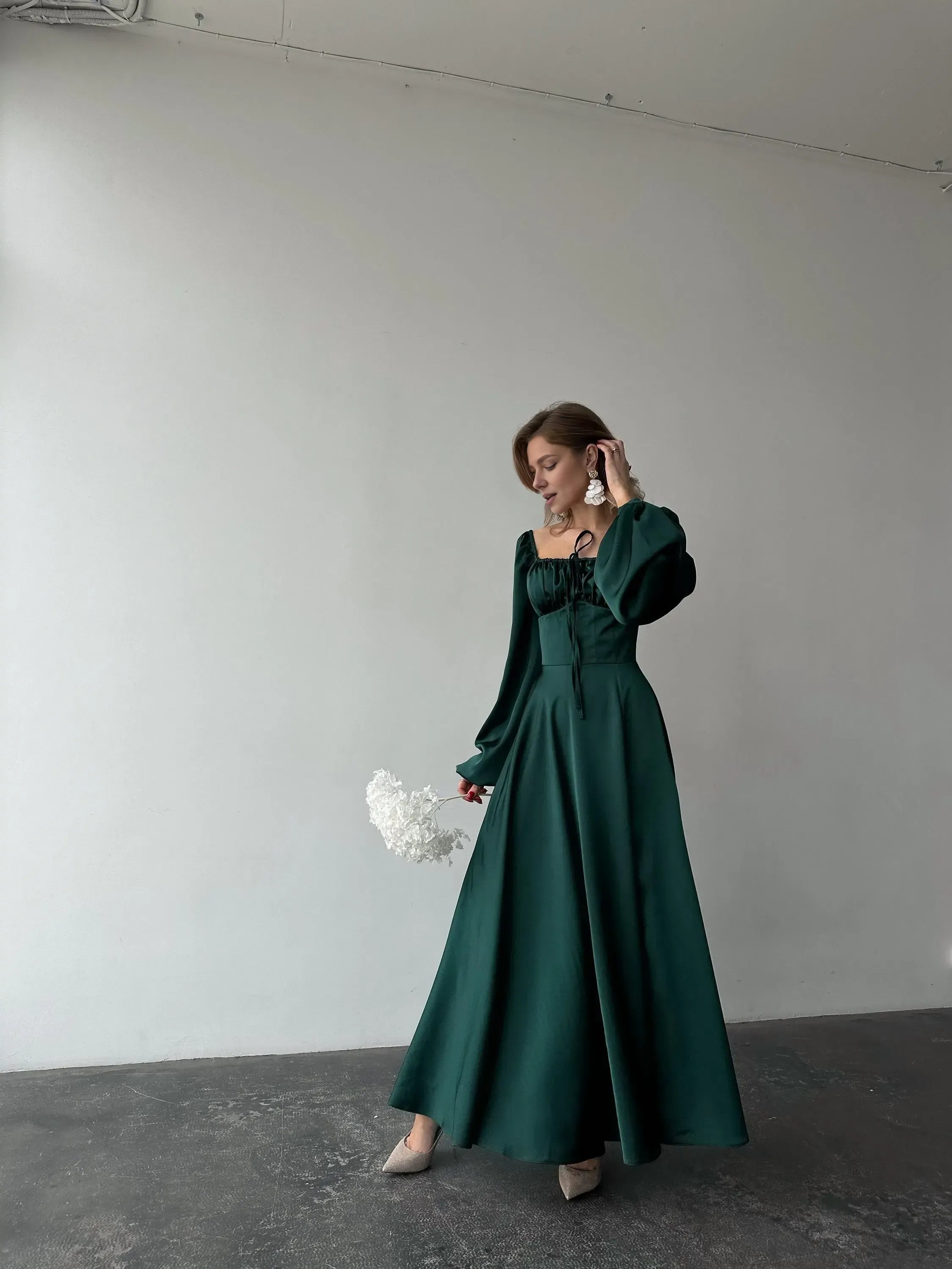 A-Line Square Neck Bishop Sleeve Pleated Floor-Length Prom Dress