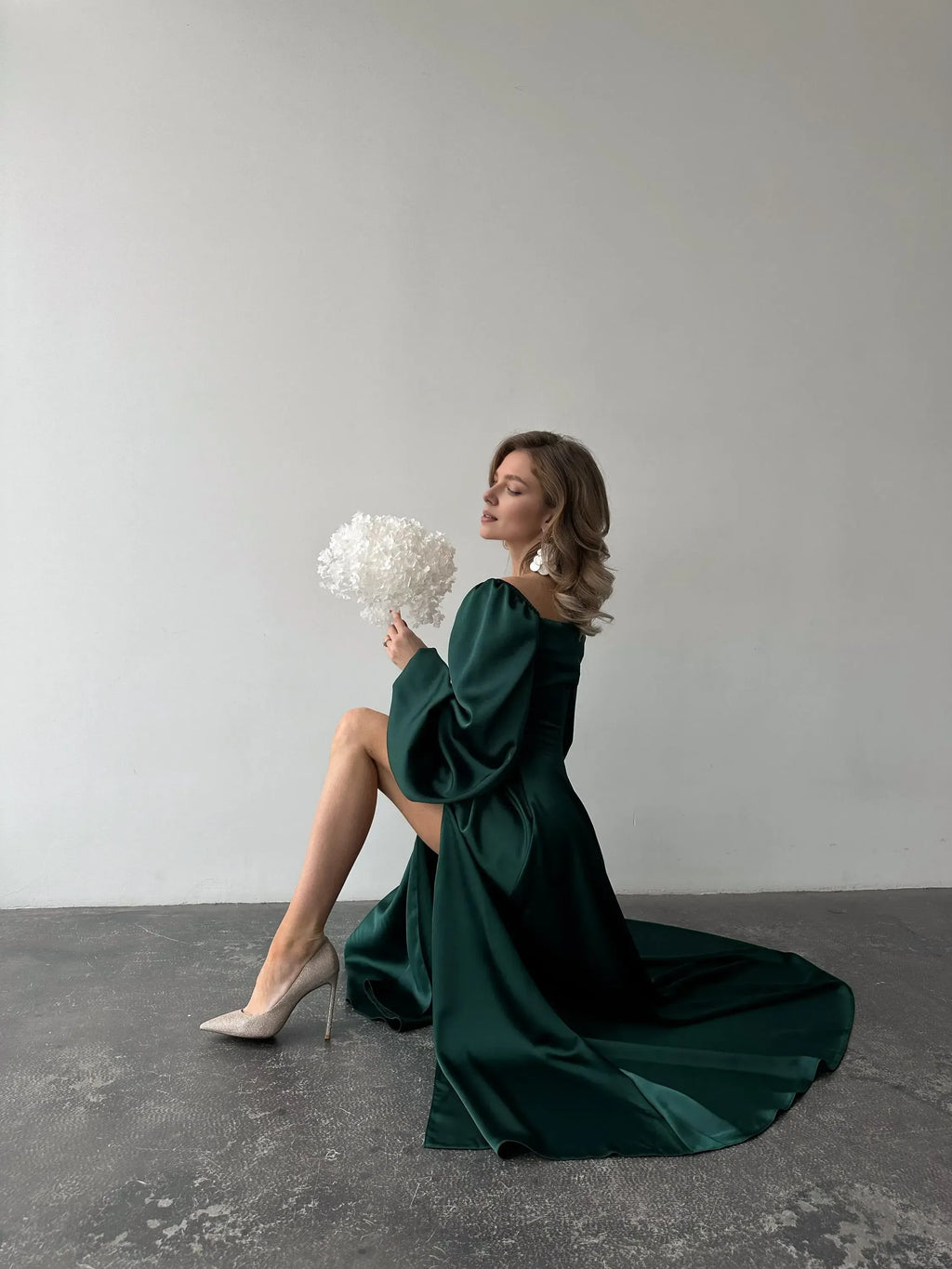 A-Line Square Neck Bishop Sleeve Pleated Floor-Length Prom Dress