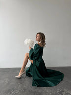 A-Line Square Neck Bishop Sleeve Pleated Floor-Length Prom Dress