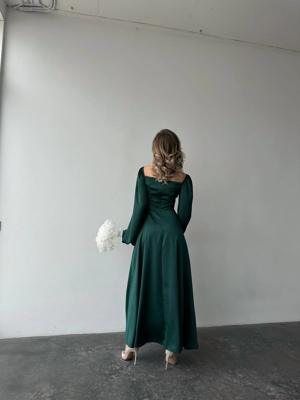 A-Line Square Neck Bishop Sleeve Pleated Floor-Length Prom Dress