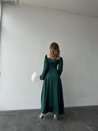 A-Line Square Neck Bishop Sleeve Pleated Floor-Length Prom Dress