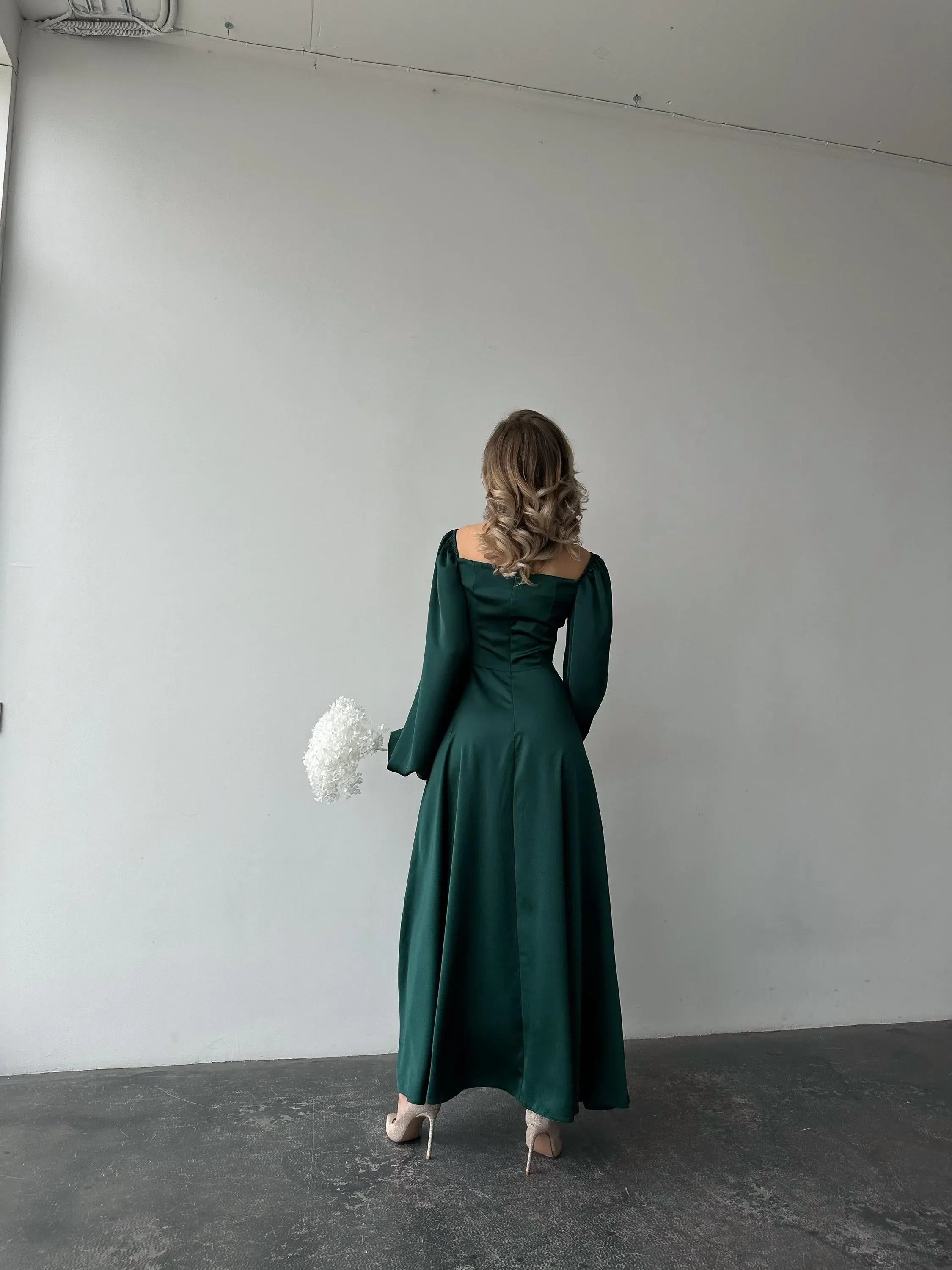 A-Line Square Neck Bishop Sleeve Pleated Floor-Length Prom Dress
