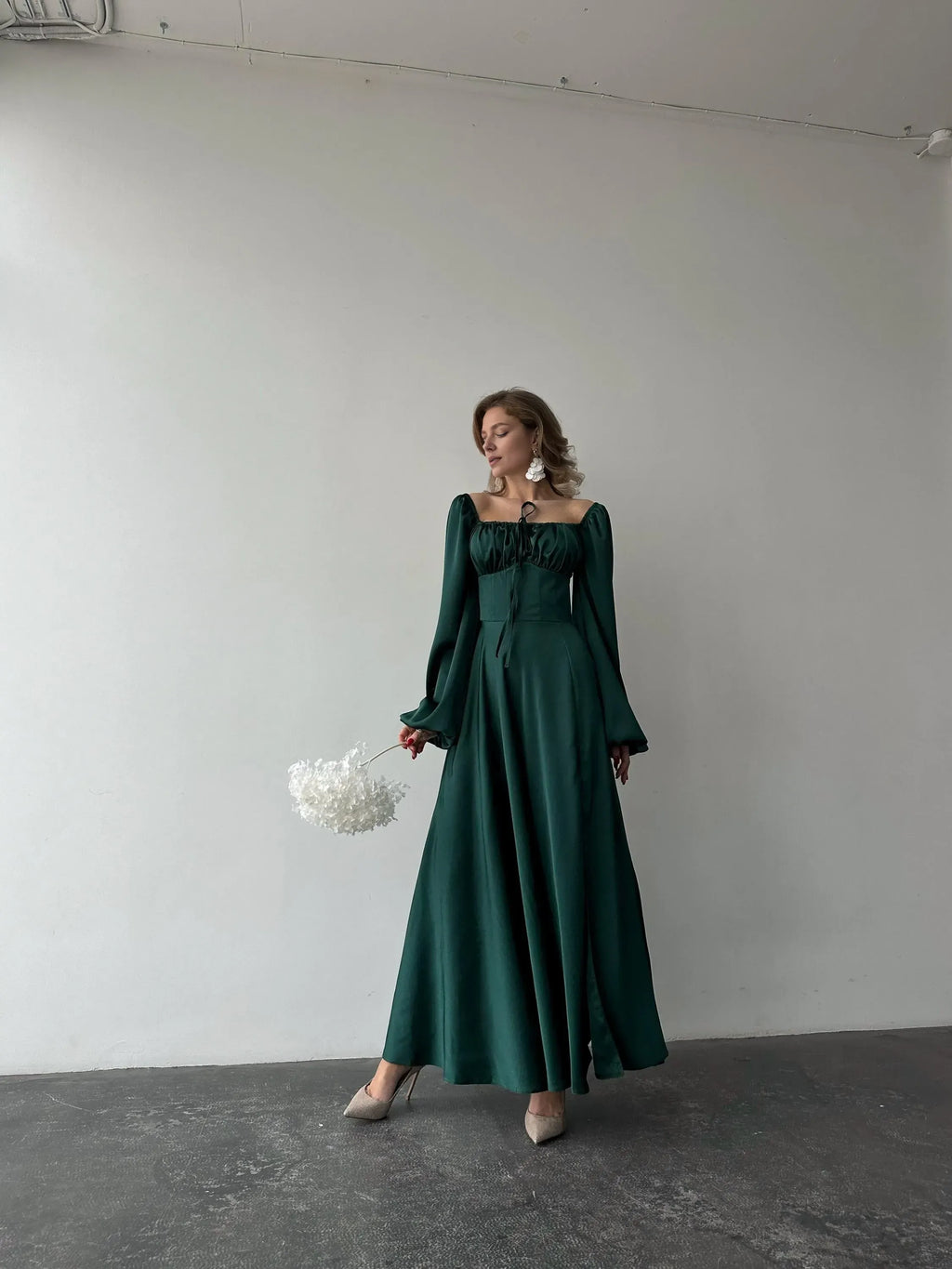 A-Line Square Neck Bishop Sleeve Pleated Floor-Length Prom Dress