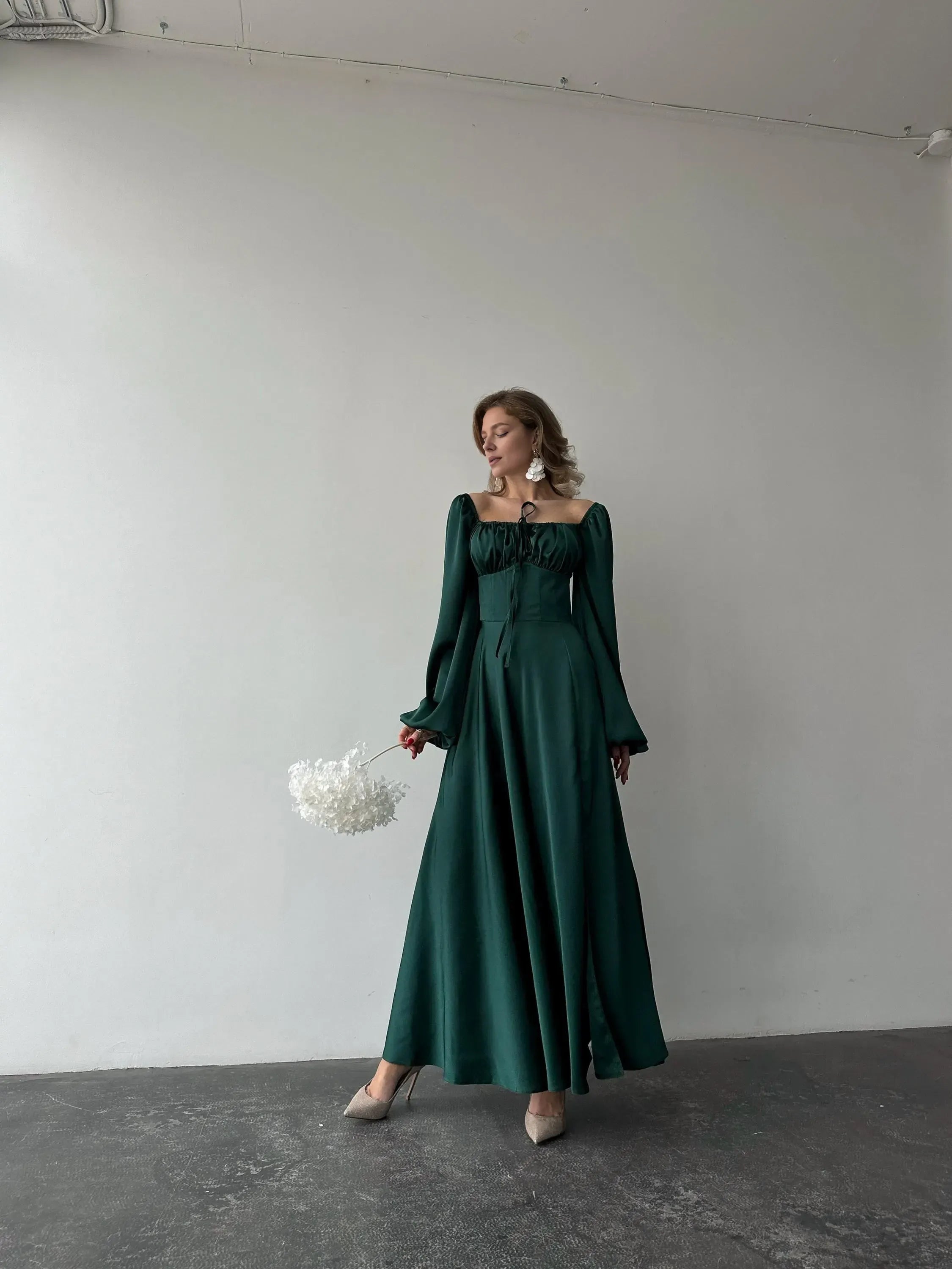 A-Line Square Neck Bishop Sleeve Pleated Floor-Length Prom Dress