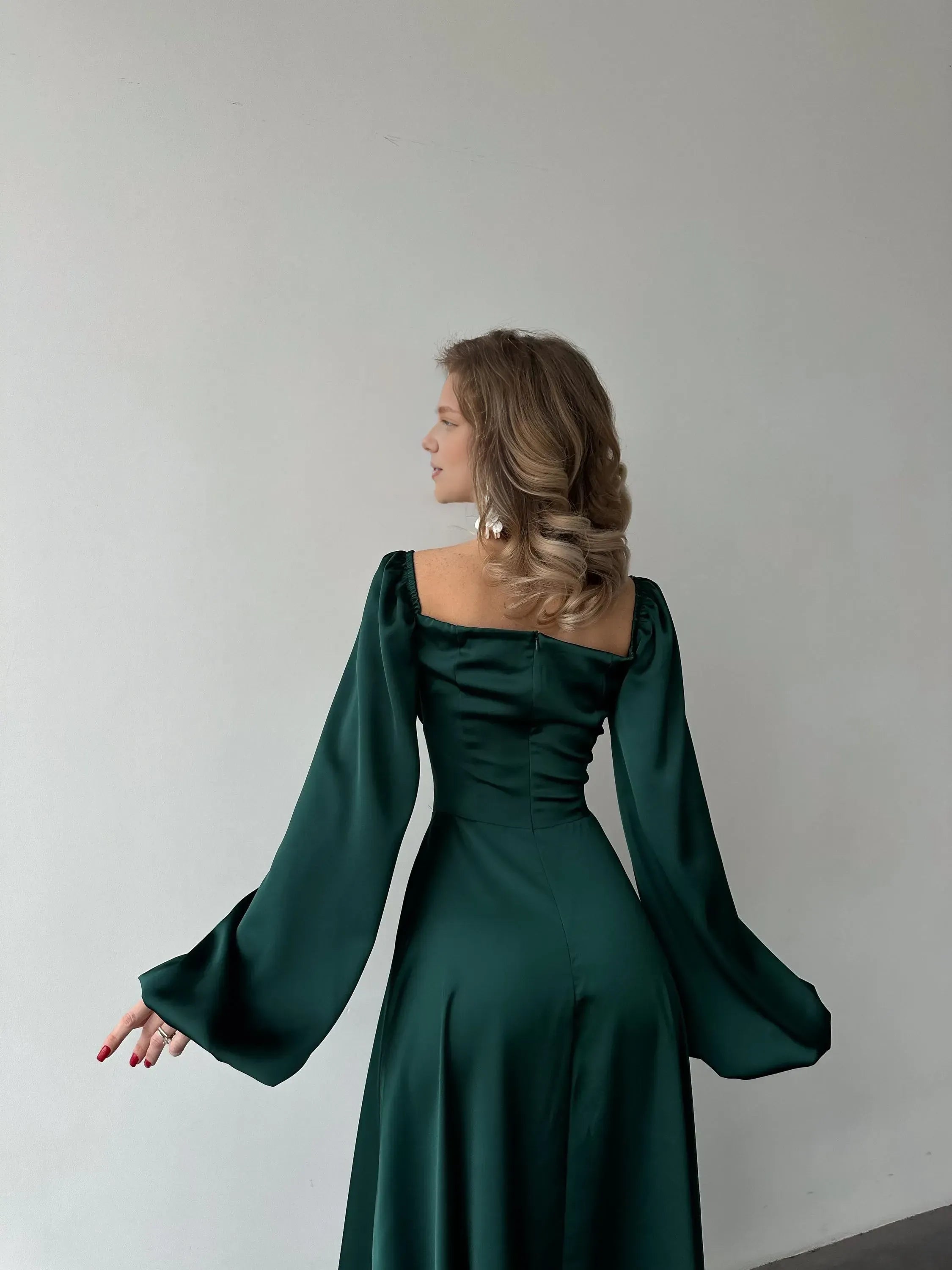 A-Line Square Neck Bishop Sleeve Pleated Floor-Length Prom Dress