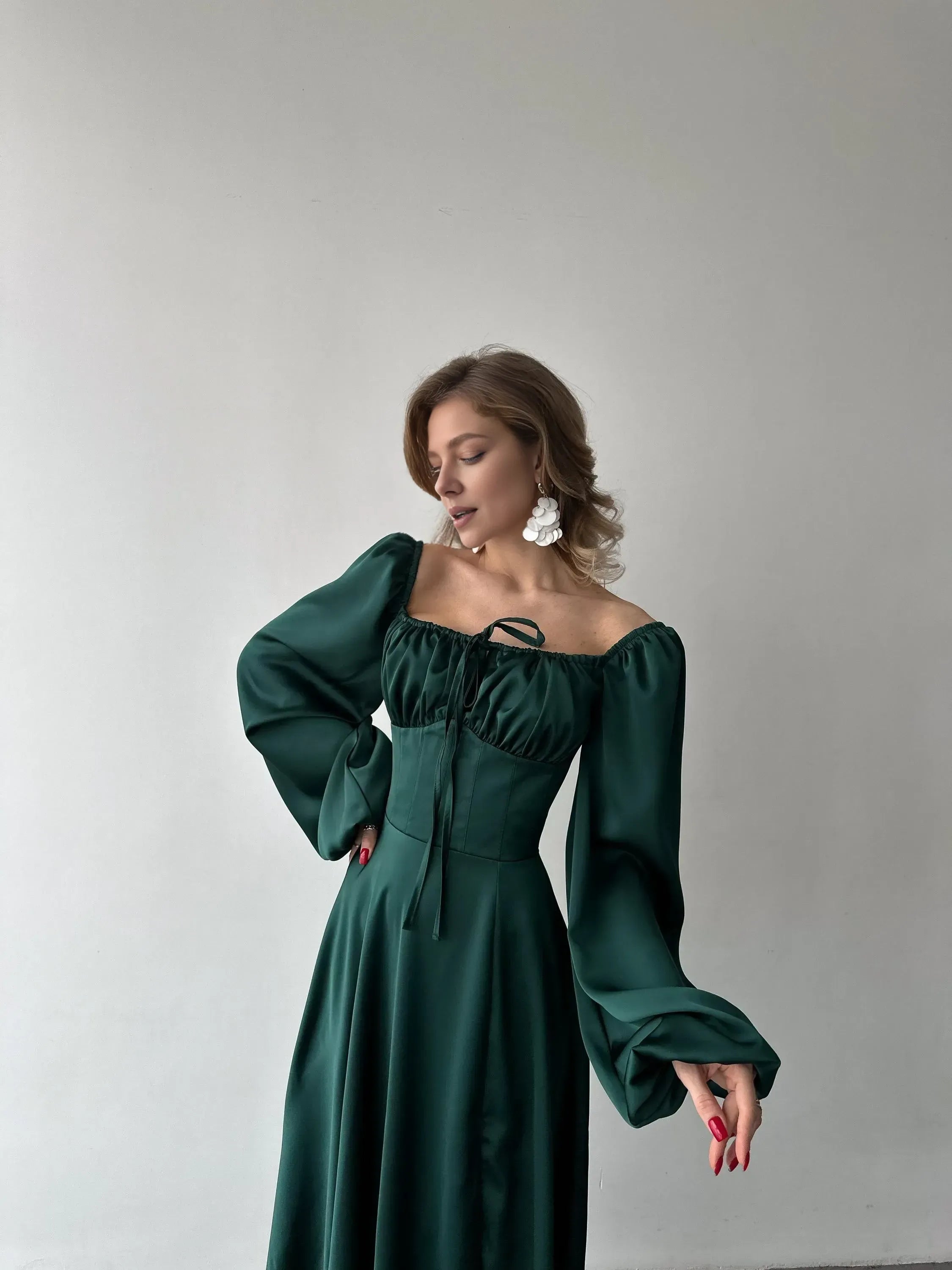 A-Line Square Neck Bishop Sleeve Pleated Floor-Length Prom Dress