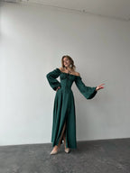 A-Line Square Neck Bishop Sleeve Pleated Floor-Length Prom Dress