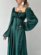 A-Line Square Neck Bishop Sleeve Pleated Floor-Length Prom Dress