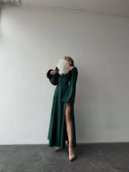 A-Line Square Neck Bishop Sleeve Pleated Floor-Length Prom Dress