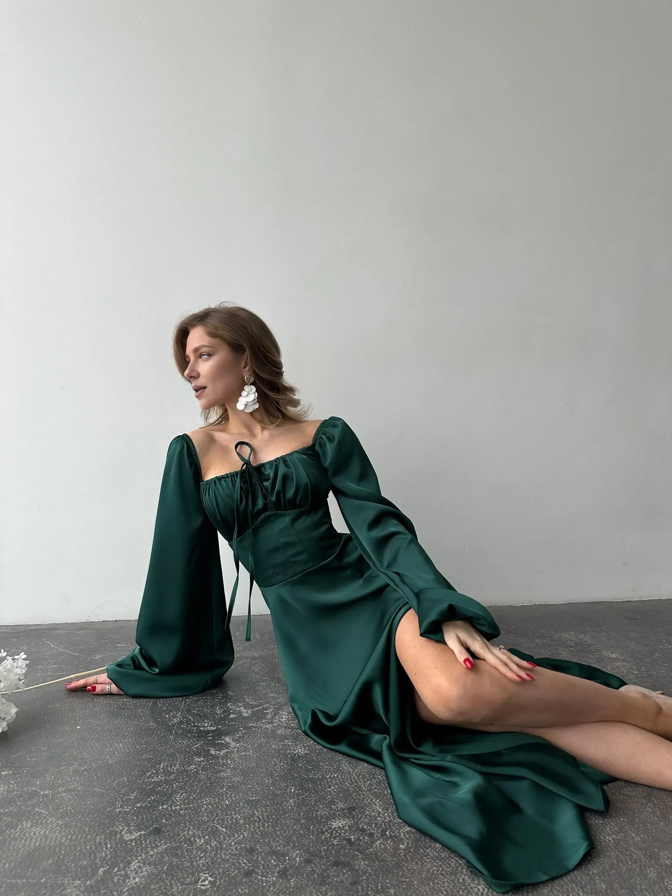 A-Line Square Neck Bishop Sleeve Pleated Floor-Length Prom Dress
