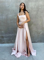 Elegant Blush Pink Prom Dress for Women - A-Line with Square Neck Bow Back Floor-Length