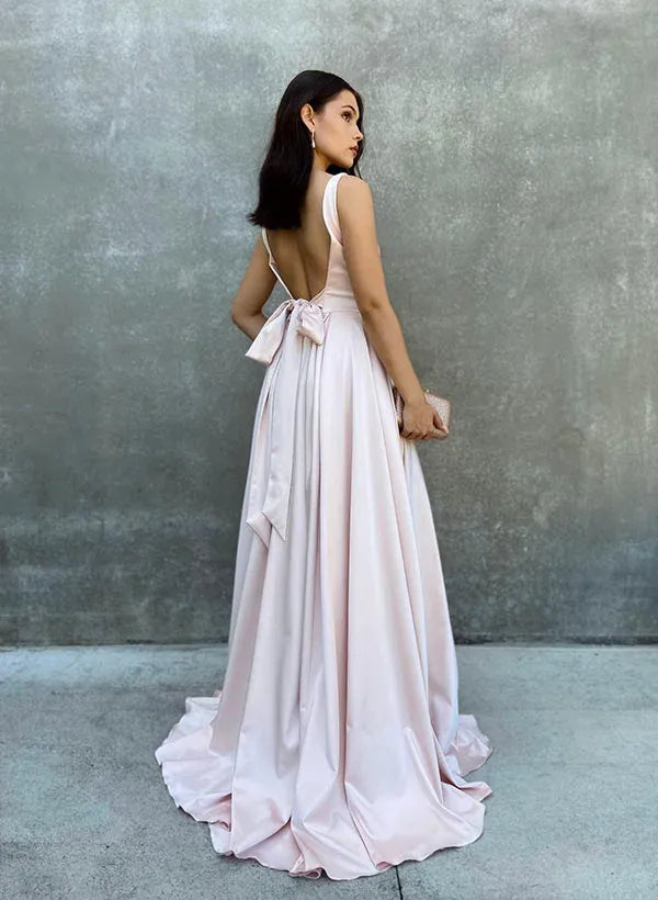 Elegant Blush Pink Prom Dress for Women - A-Line with Square Neck Bow Back Floor-Length