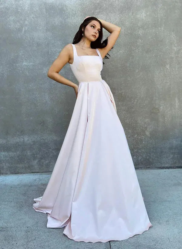 Elegant Blush Pink Prom Dress for Women - A-Line with Square Neck Bow Back Floor-Length