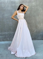 Elegant Blush Pink Prom Dress for Women - A-Line with Square Neck Bow Back Floor-Length
