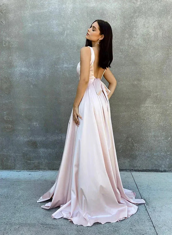 Elegant Blush Pink Prom Dress for Women - A-Line with Square Neck Bow Back Floor-Length